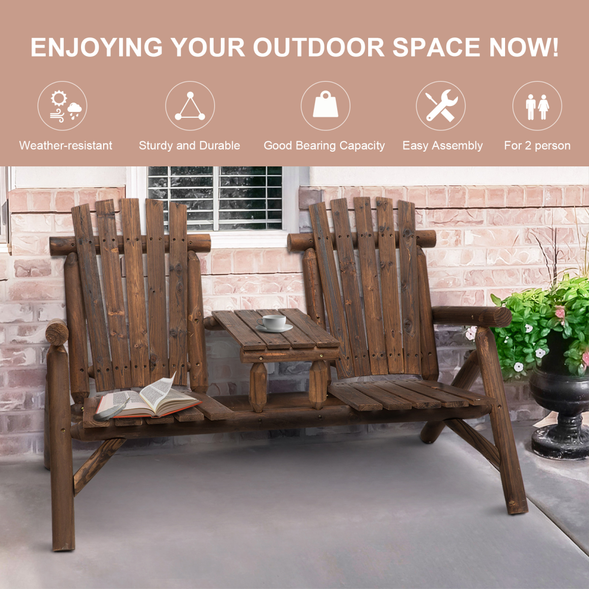 Outsunny Adirondack Style 2-Seat Wood Patio Bench with Center Table