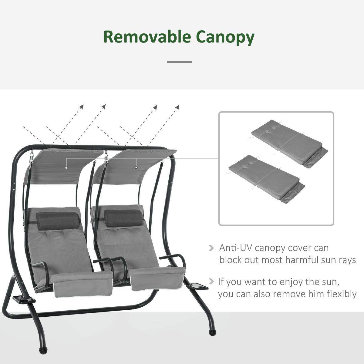 Outsunny Double Outdoor Swing Chair with 2 Independent Seats, Removable Canopy, Grey