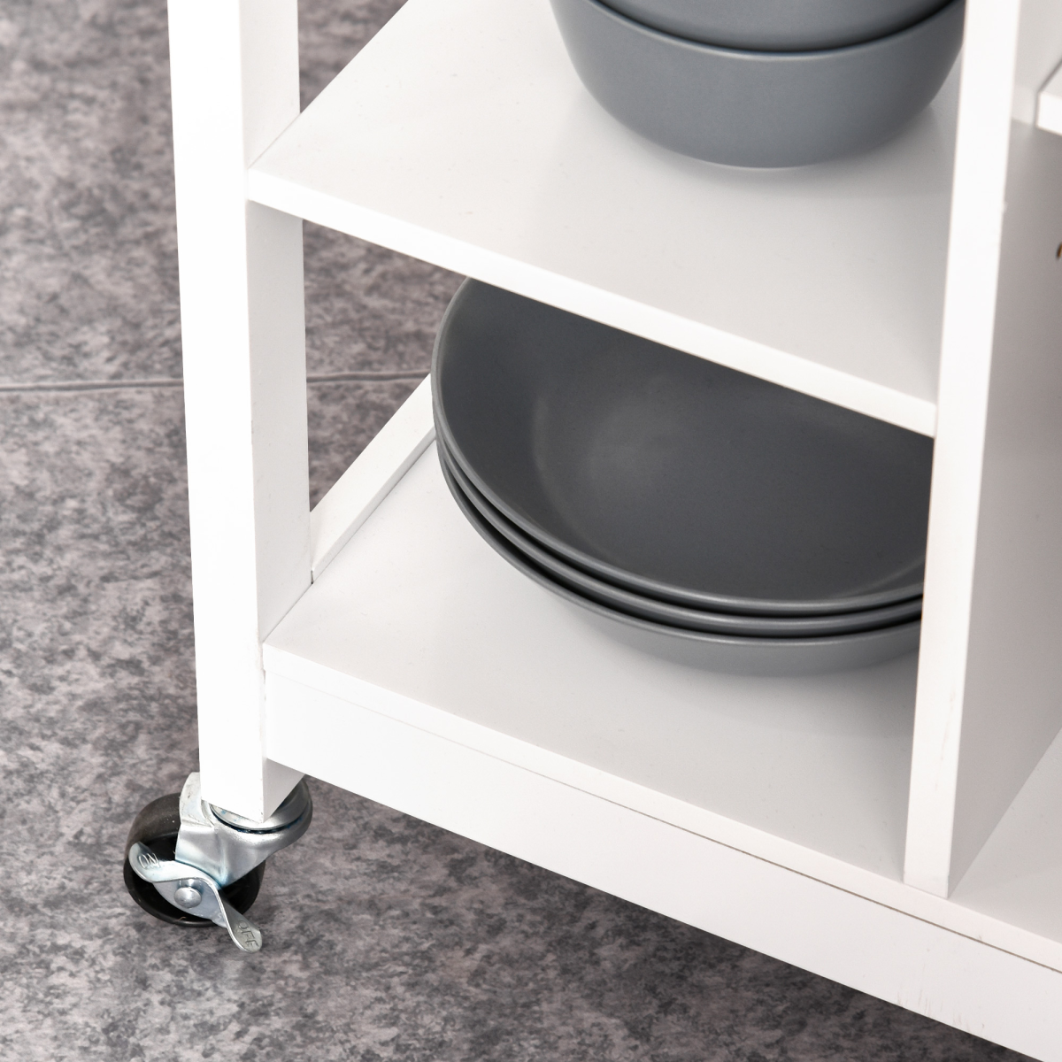 HOMCOM White MDF Kitchen Storage Trolley with Drawer, Open Shelves, Cabinet, Adjustable Shelf and Hanging Rail, Rolling Wheels