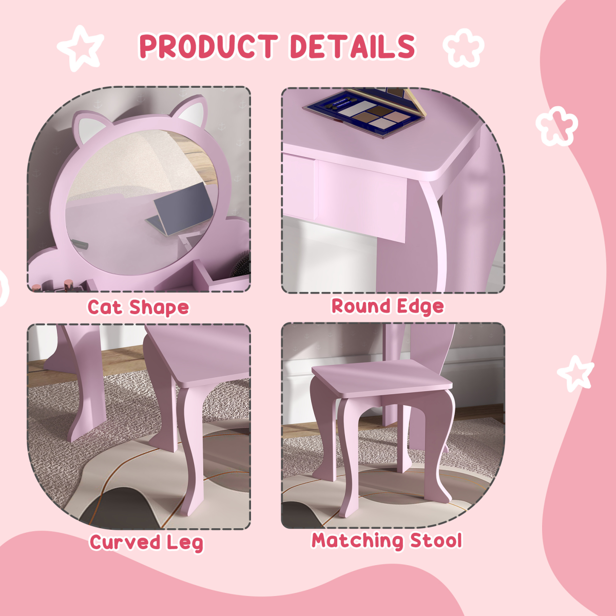 ZONEKIZ Kids Dressing Table Set with Mirror, Stool, Drawer and Storage Boxes, Cat Design, Pink