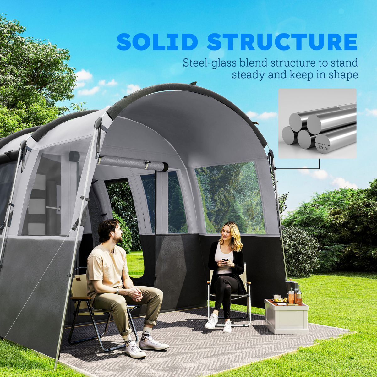 8-Person Camping Tent Tunnel Design with 4 Large Windows Dark Grey