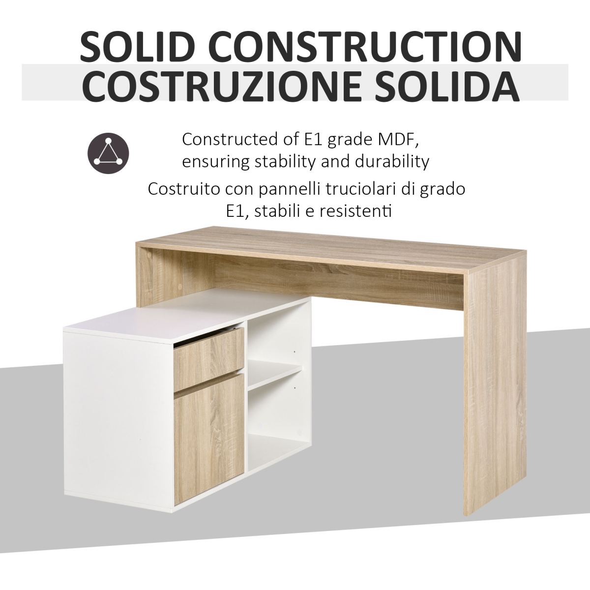 HOMCOM L-Shaped Corner Computer Desk with Cabinet, Drawer and Shelves, Oak and White