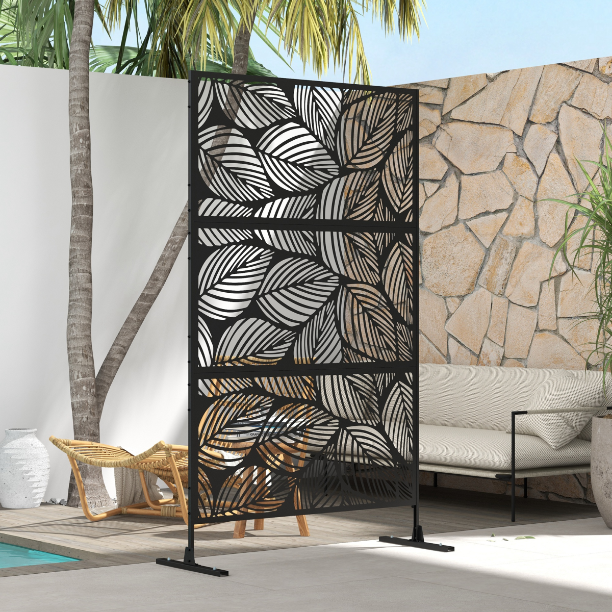 Outsunny 6.5FT Steel Outdoor Decorative Privacy Screen Panel with Stand, Leaf Design, Black
