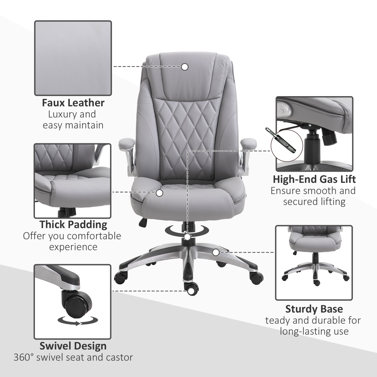 Vinsetto Grey High Back Executive Office Chair with Headrest, Adjustable Height, Armrests and 360° Swivel Base