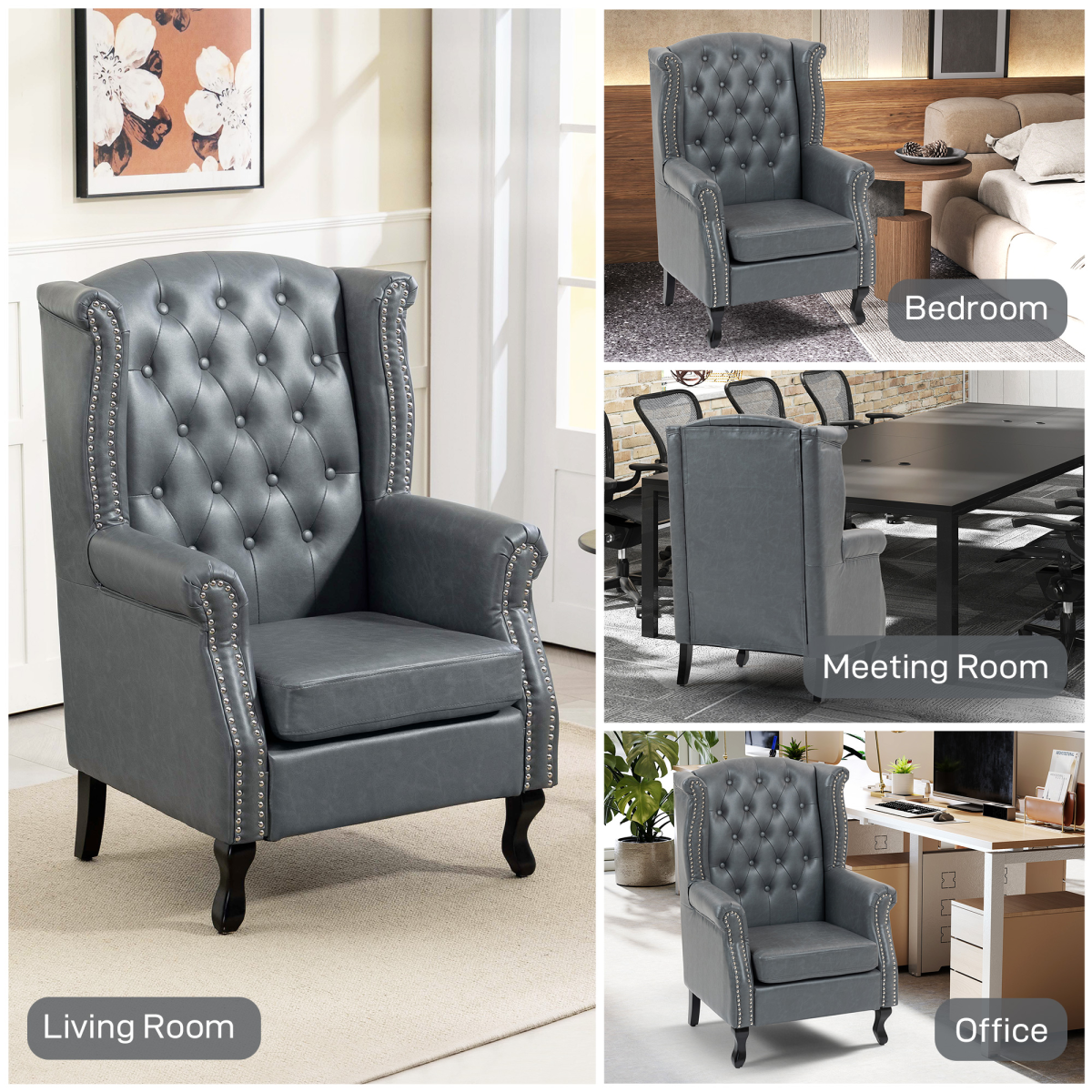 HOMCOM Grey Faux Leather Chesterfield Wing Back Armchair