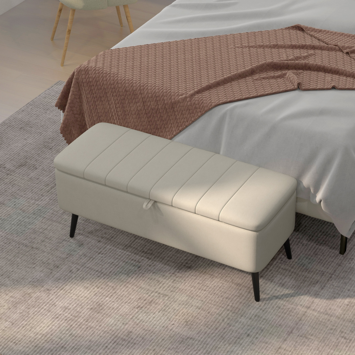 HOMCOM Storage Ottoman Bench, Linen-Touch Fabric, Steel Legs, Cream White