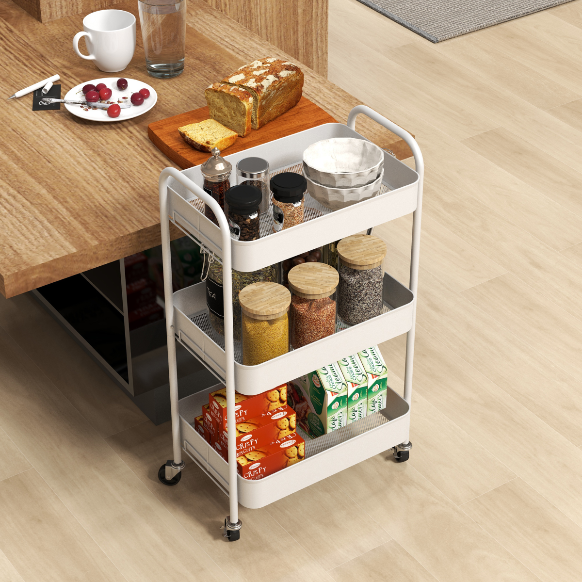 HOMCOM 3-Tier Rolling Utility Cart with Mesh Baskets, White