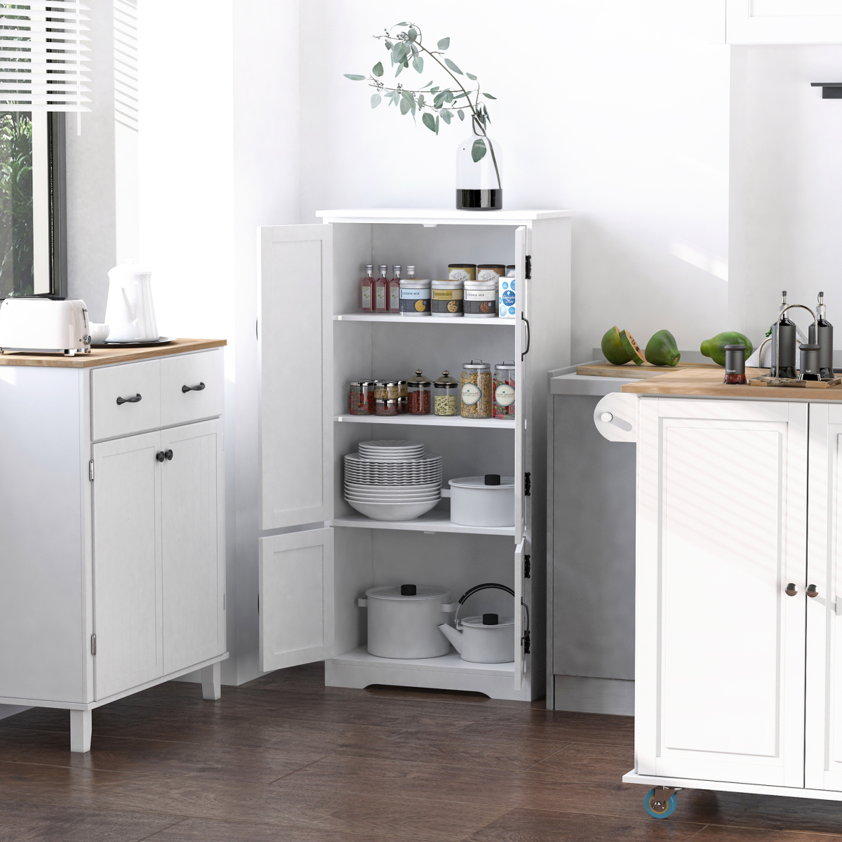 Modern Freestanding Storage Hutch Cabinet with 4 Doors and Adjustable Removable Shelves