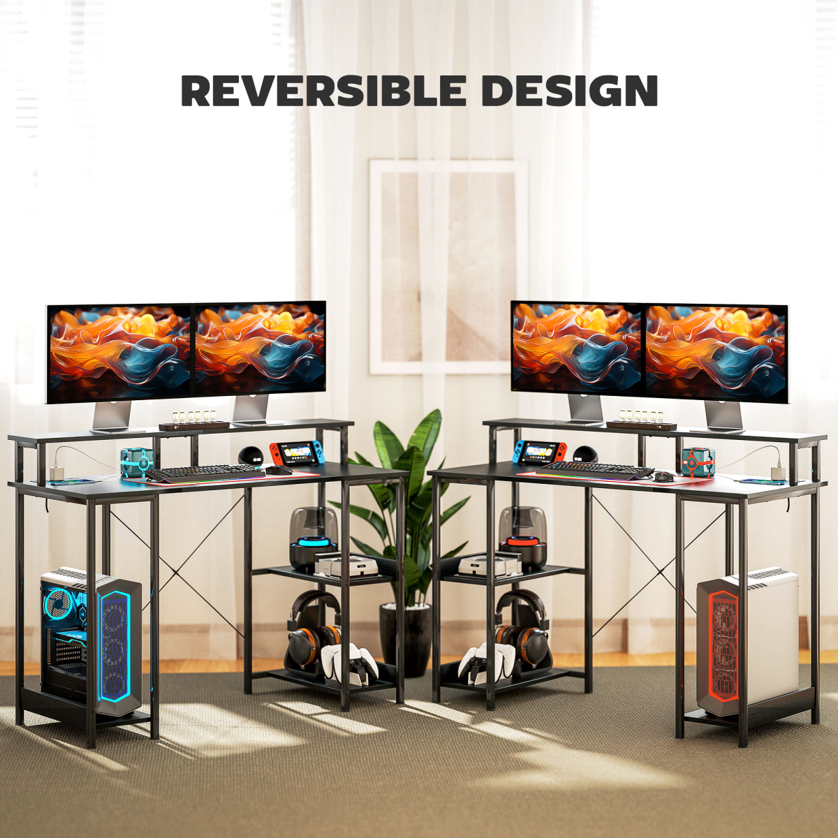 HOMCOM Reversible Computer Desk with Storage, Charging Station and RGB LED Lights, Black