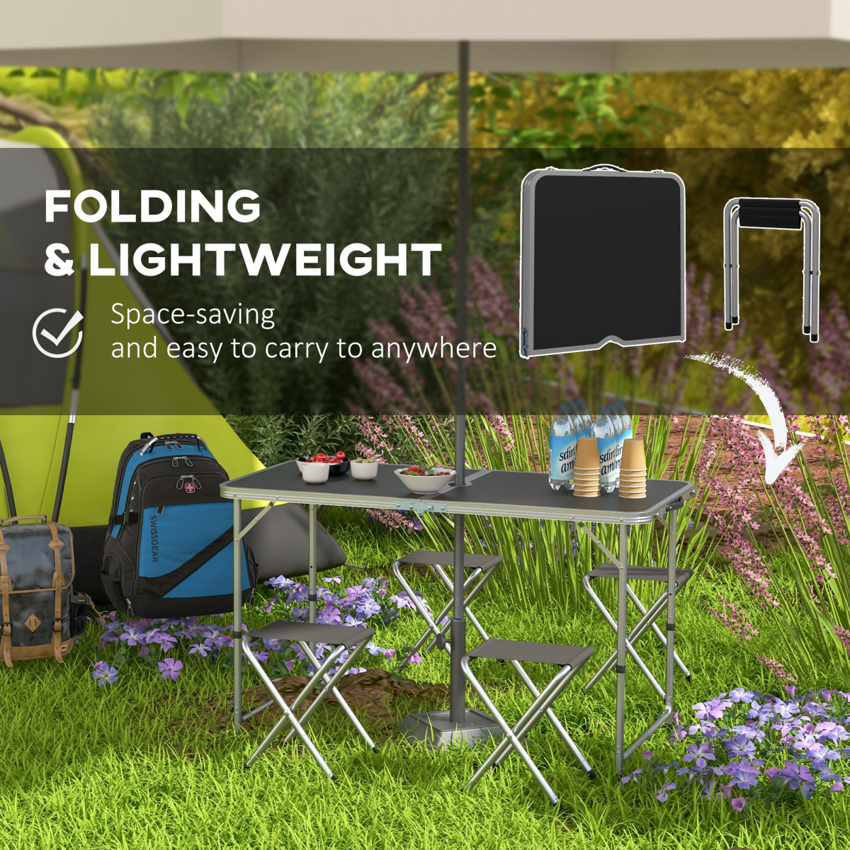 Outsunny Folding Picnic Table Set with 4 Chairs, Adjustable Height