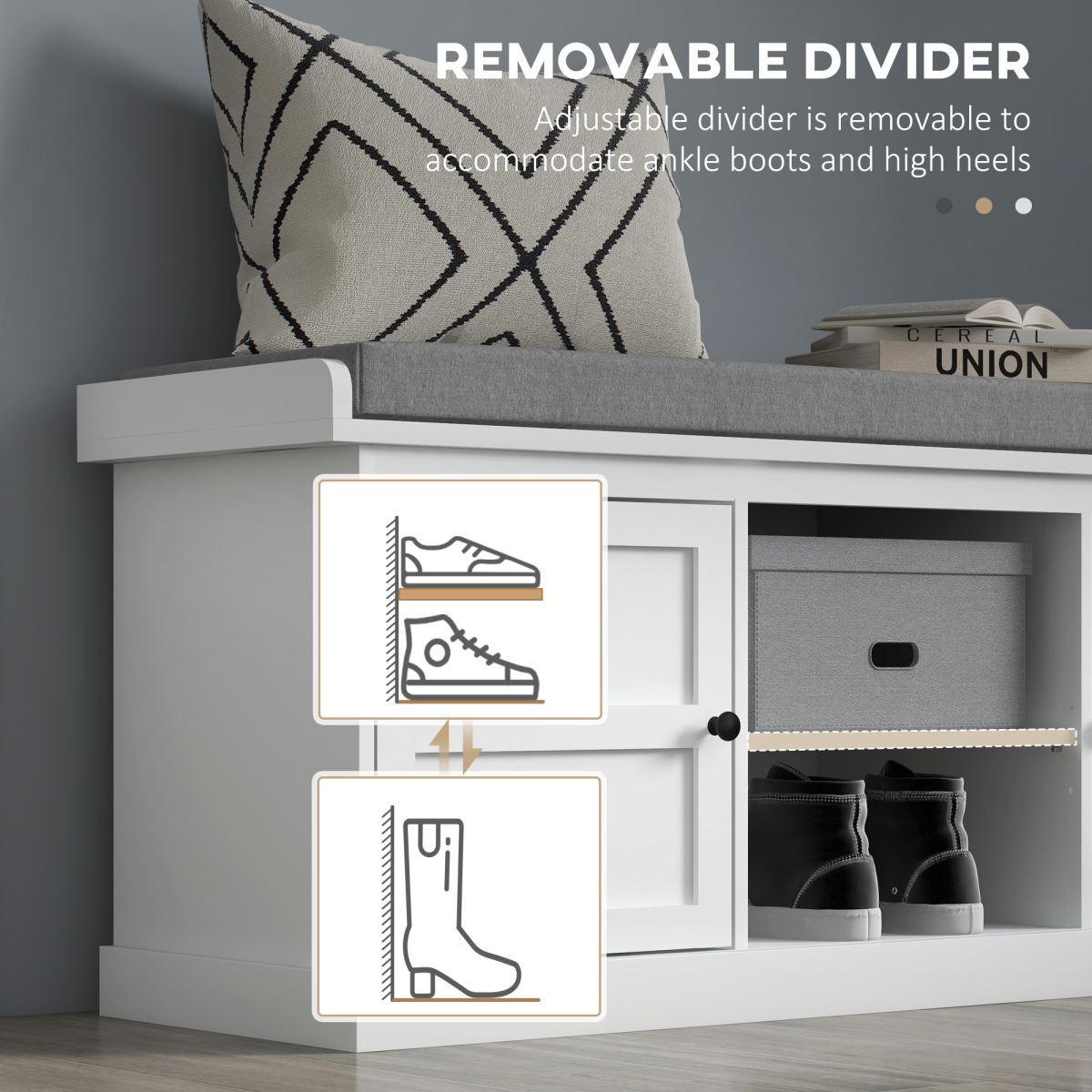 HOMCOM Shoe Storage Bench with Cushion, 2 Cabinets, White