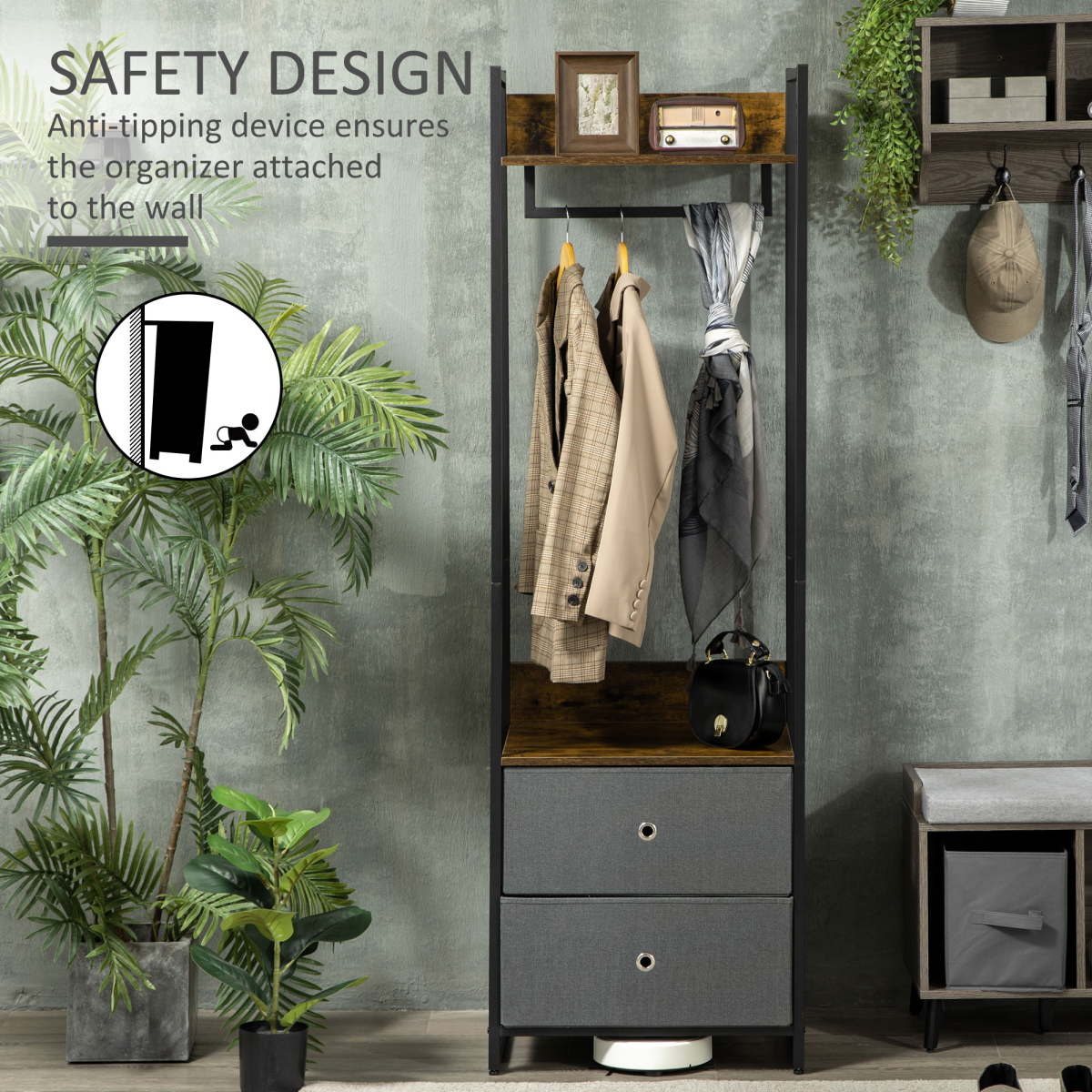 Industrial Clothes Rail Wardrobe with 2 Fabric Drawers and Shelf