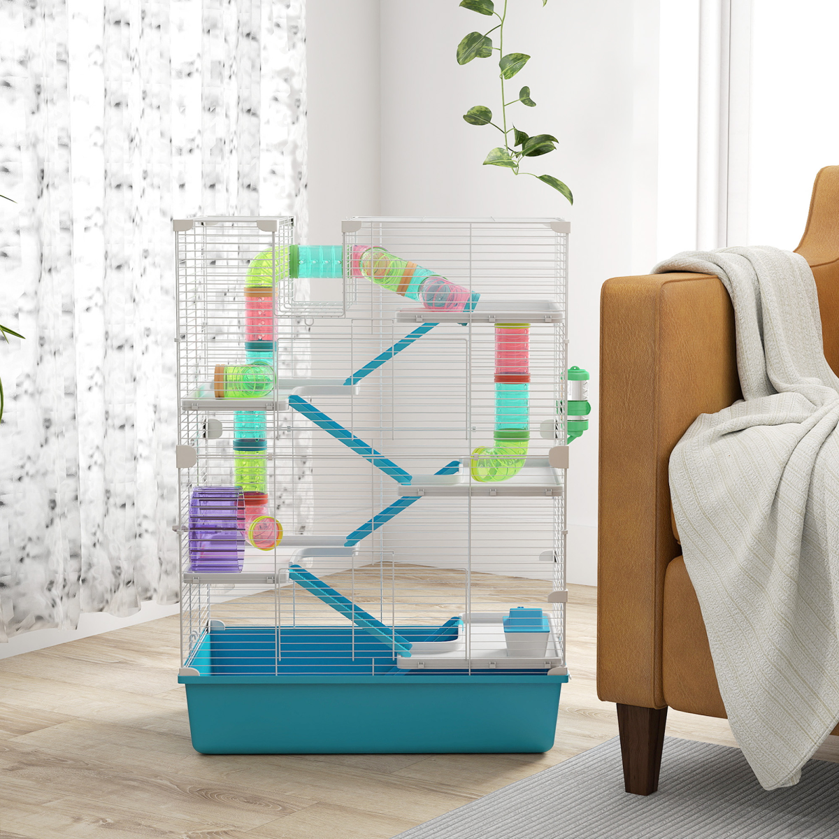 PawHut 6-Tier Twin Tower Hamster Cage with Accessories, Light Blue