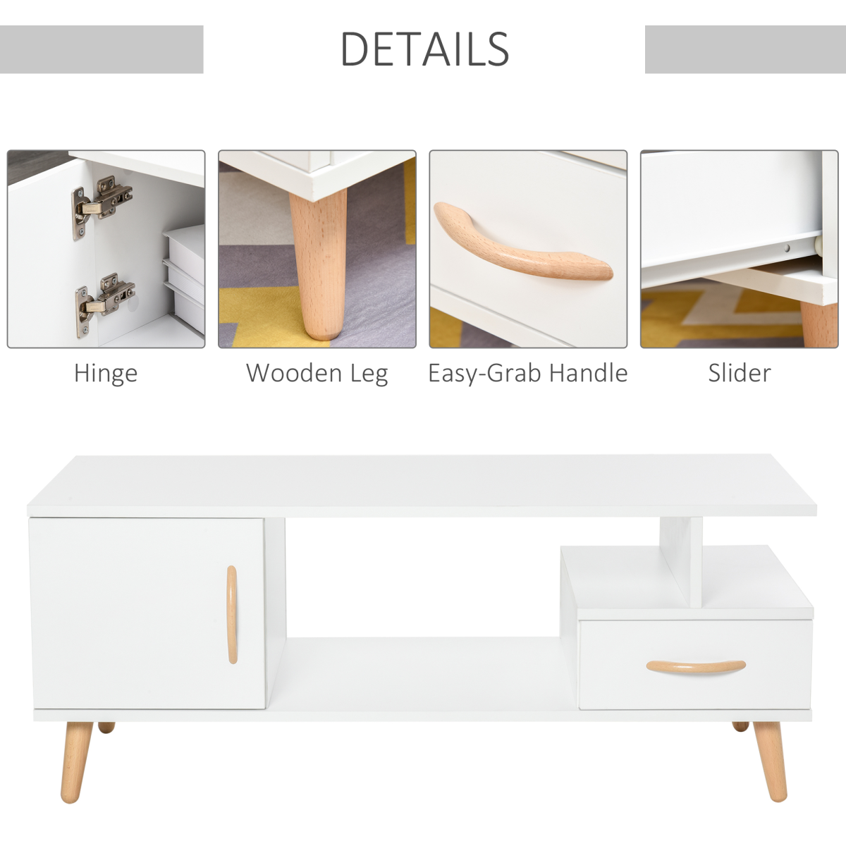 HOMCOM Coffee Table with Storage, White Sofa Side Table with Cabinet, Drawer and Shelf