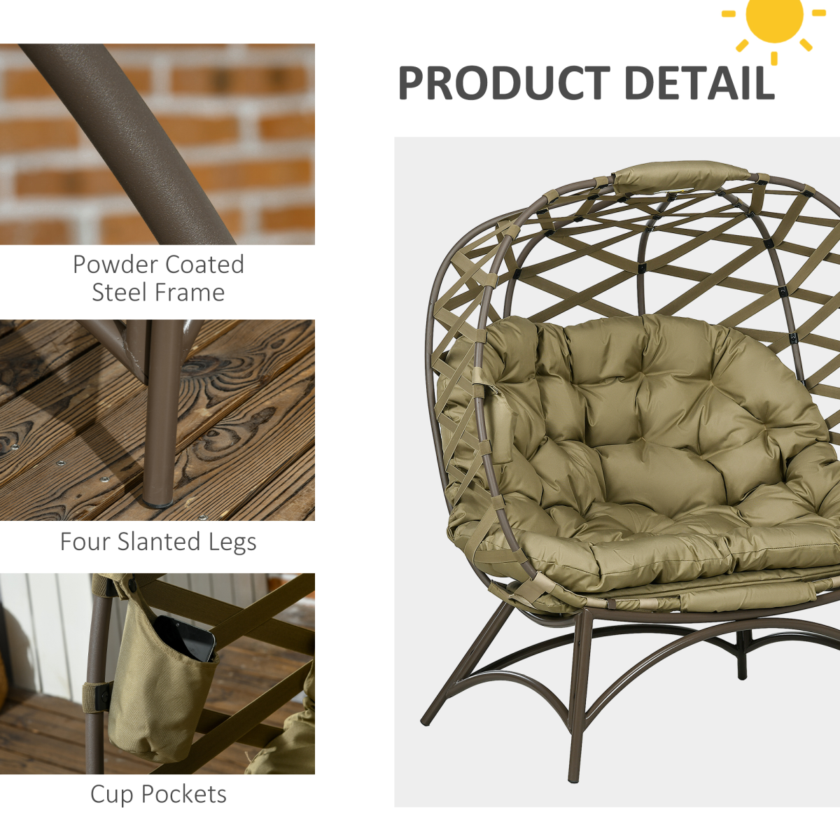 Outsunny 2-Seater Outdoor Egg Chair with Cushion and Cup Pockets, Khaki