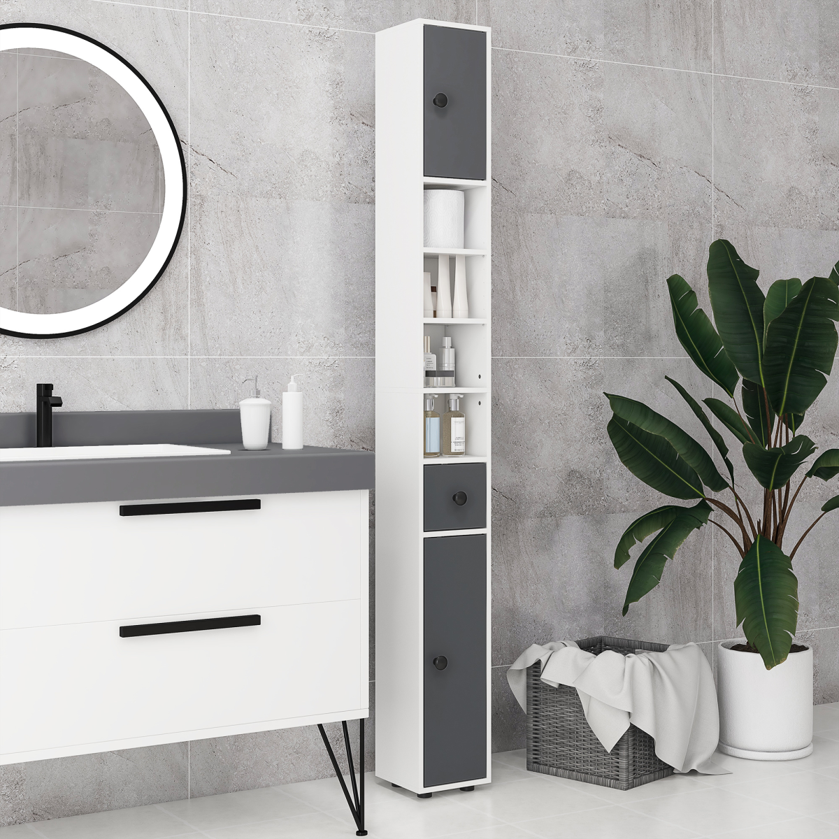kleankin Slim Grey Bathroom Cabinet with Drawer and Open Shelves