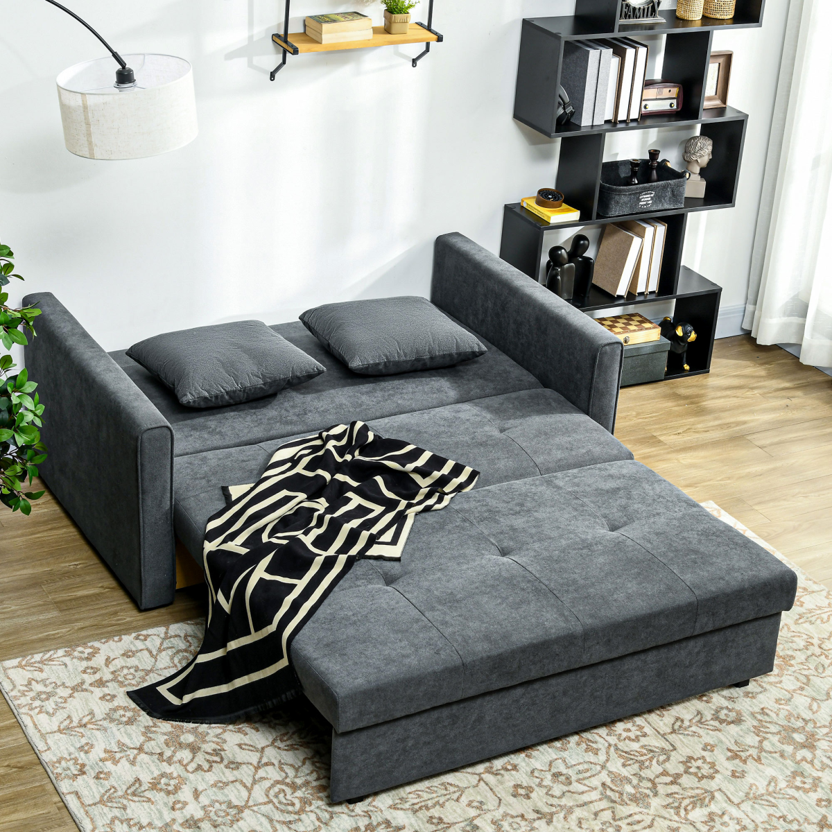 HOMCOM 2 Seater Convertible Sofa Bed with Storage & 2 Cushions, Dark Grey