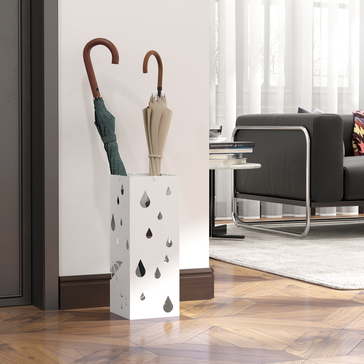HOMCOM Square Metal Umbrella Stand with 4 Hooks and Drip Tray White