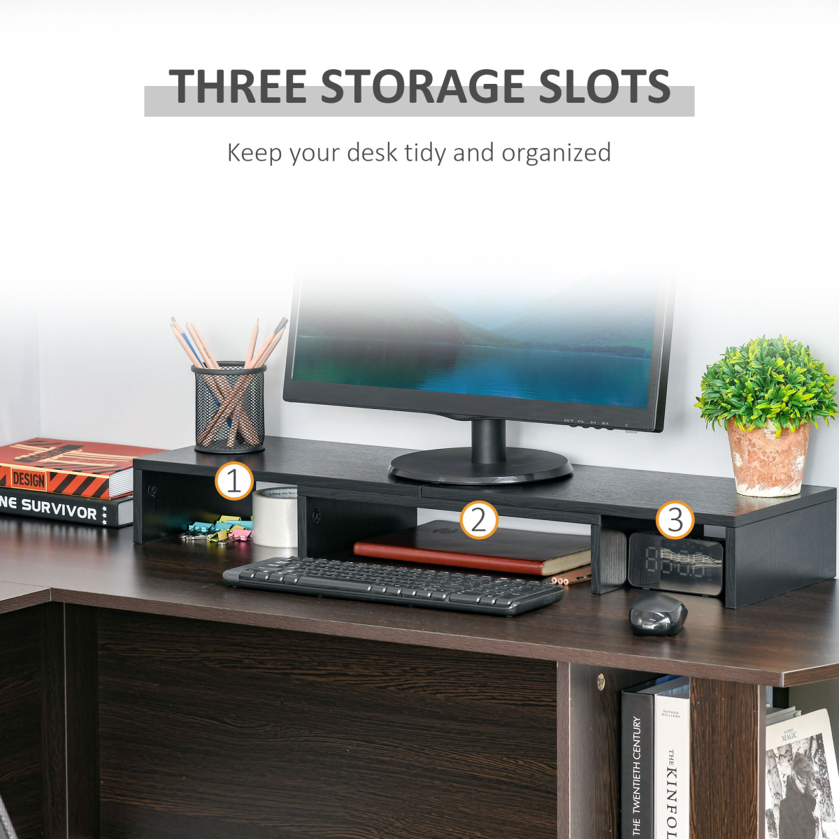 Adjustable Monitor Stand Riser with Extendable Length and Three-Part Storage, 80-117cm, MDF