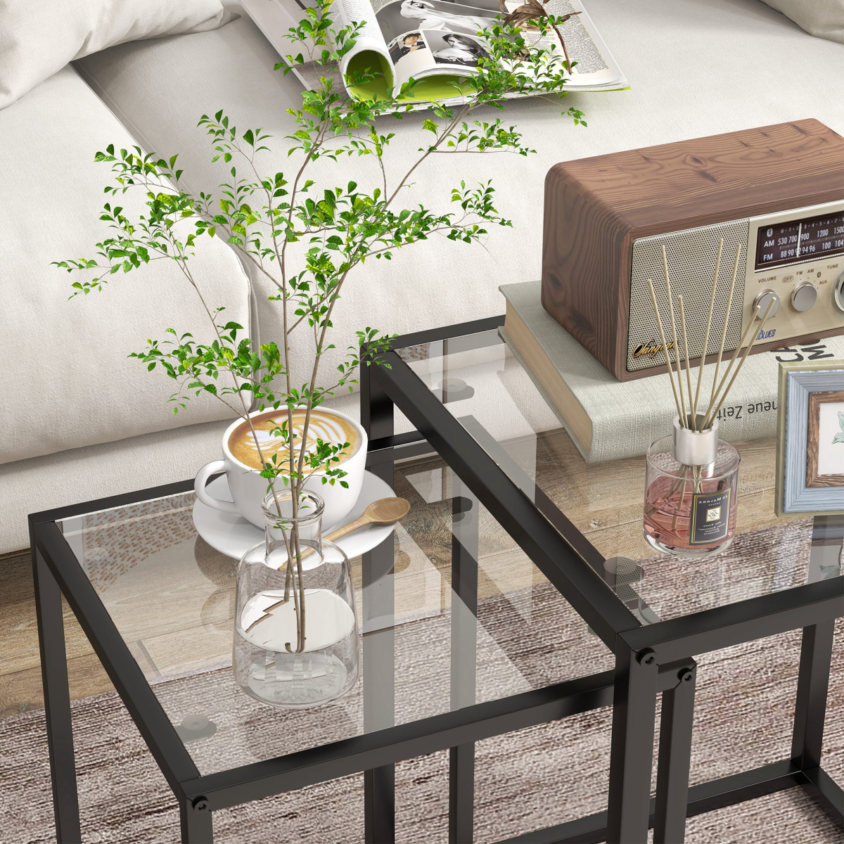 HOMCOM 2-Piece Nesting End Tables with Tempered Glass Top, Black