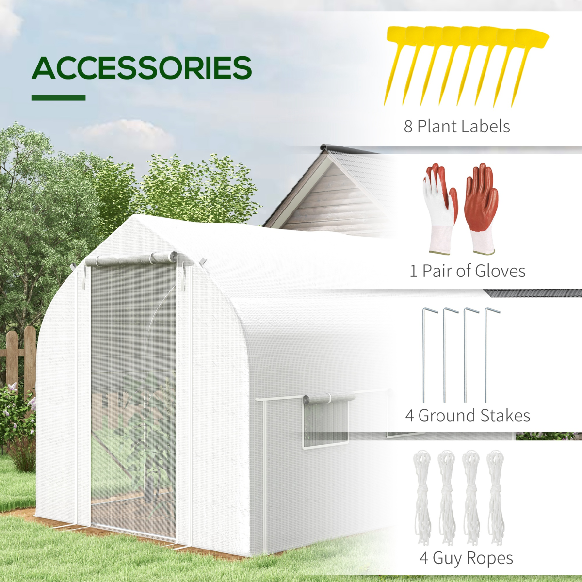 Outsunny 3 x 2m White Polytunnel Greenhouse with Roll-Up Sides, Mesh Door