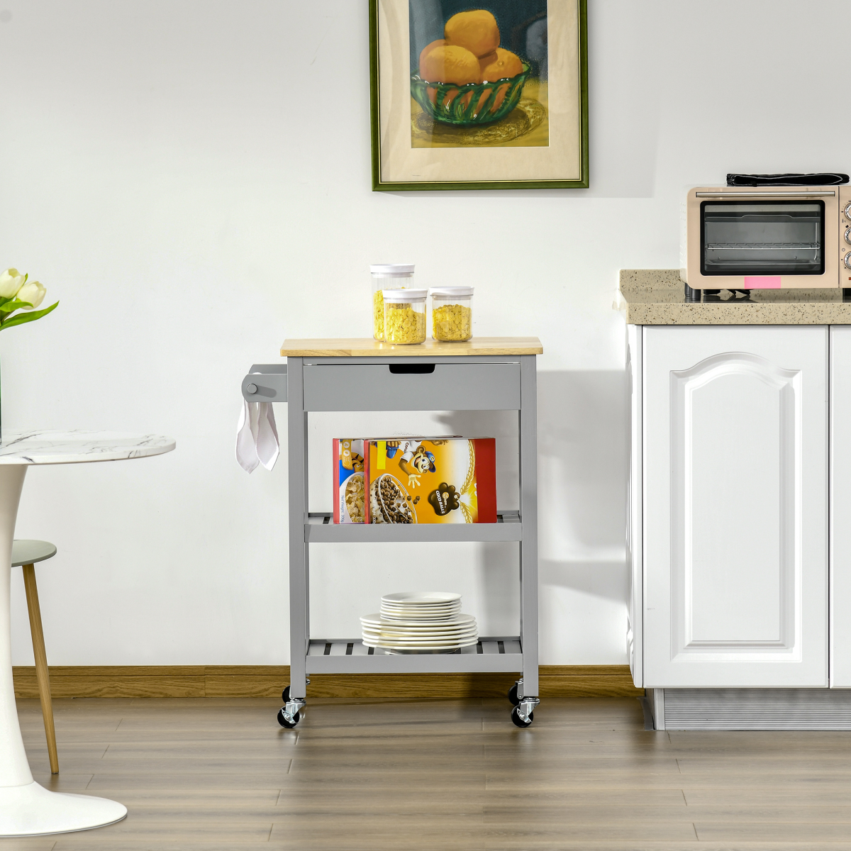 HOMCOM Kitchen Trolley Utility Cart on Wheels with Rubberwood Worktop, Drawer, 2 Shelves and Towel Rack