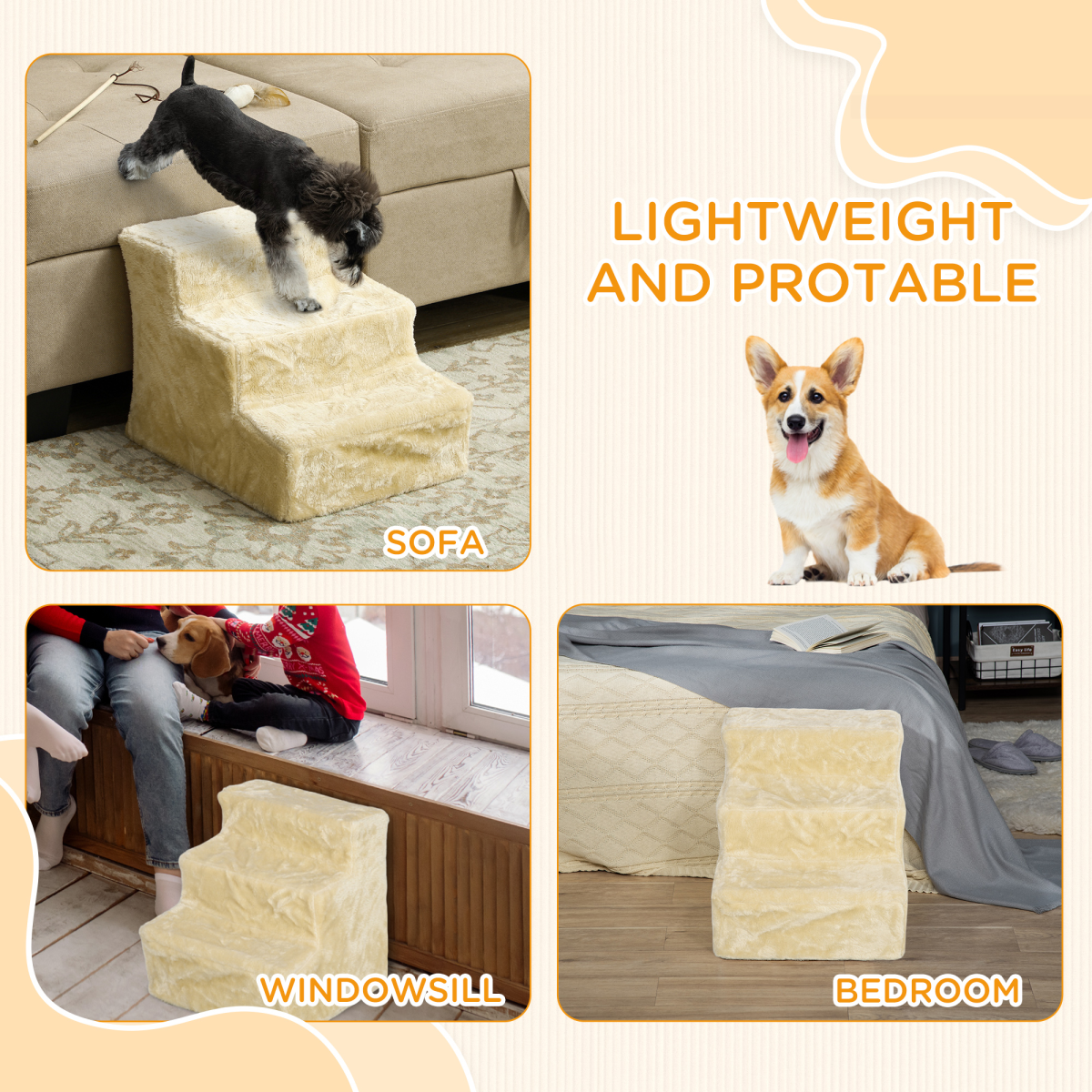 PawHut Three-Step Portable Dog Stairs with Washable Cover