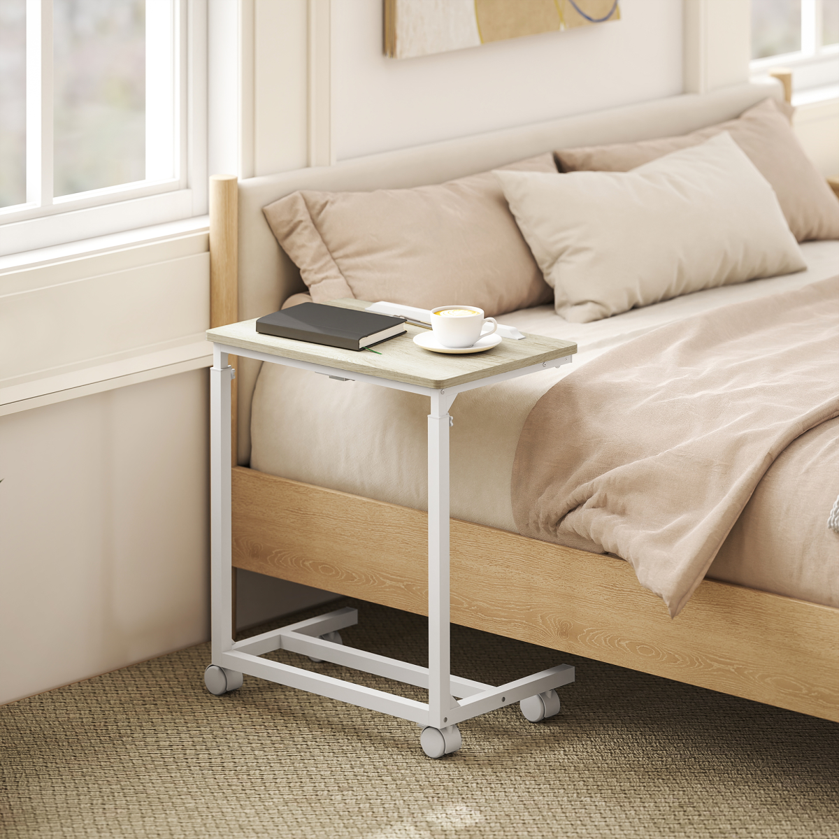 HOMCOM Height Adjustable C-Shaped Side Table with Casters, Oak