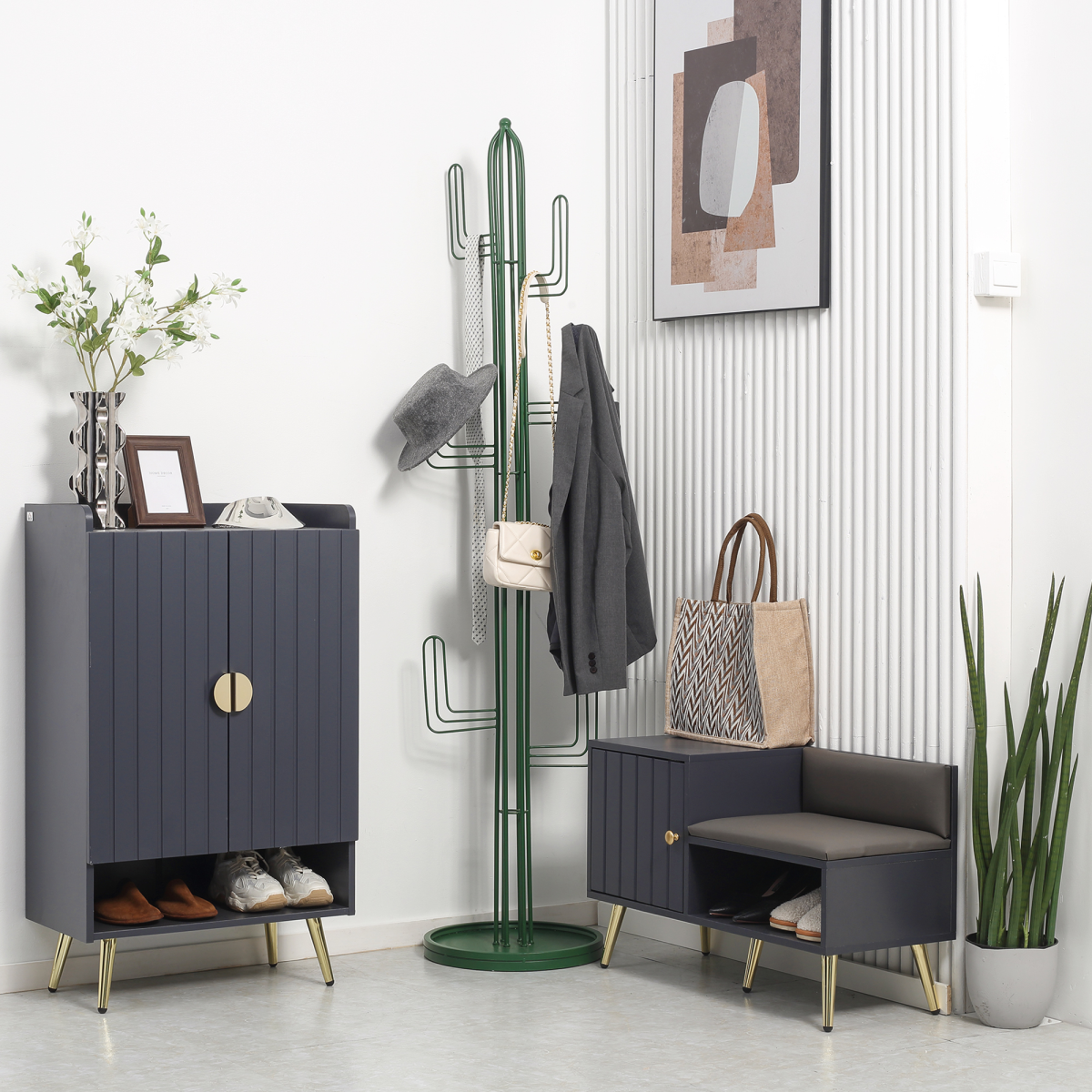 Shoe Bench with Storage Cabinet, Seating Cushion for Entryway Hallway Grey
