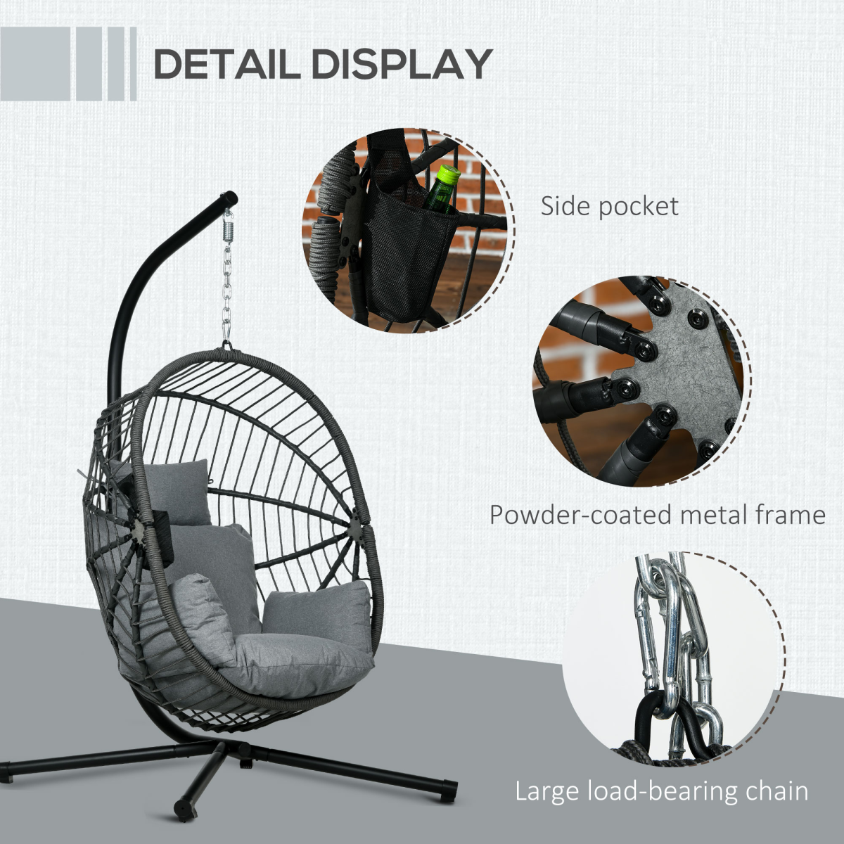 Outsunny Grey Hanging Swing Chair with Thick Cushion, Foldable Patio Hanging Chair