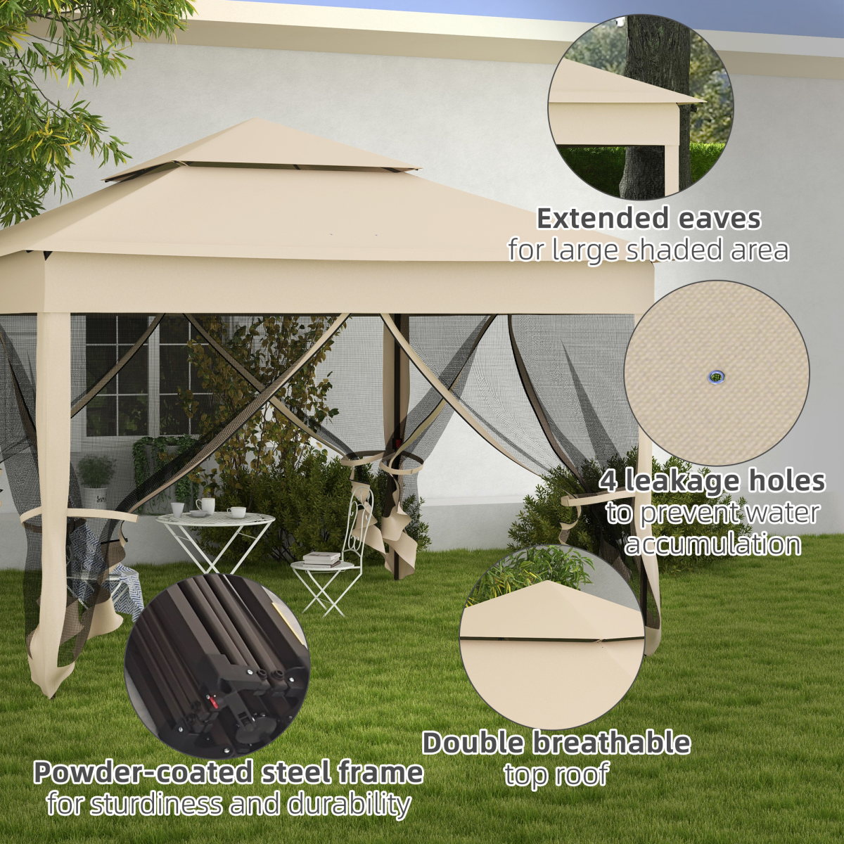 Outsunny 3.25 x 3.25m Folding Garden Pop Up Gazebo Tent with Metal Frame, Polyester Canopy, Cream White Sidewalls