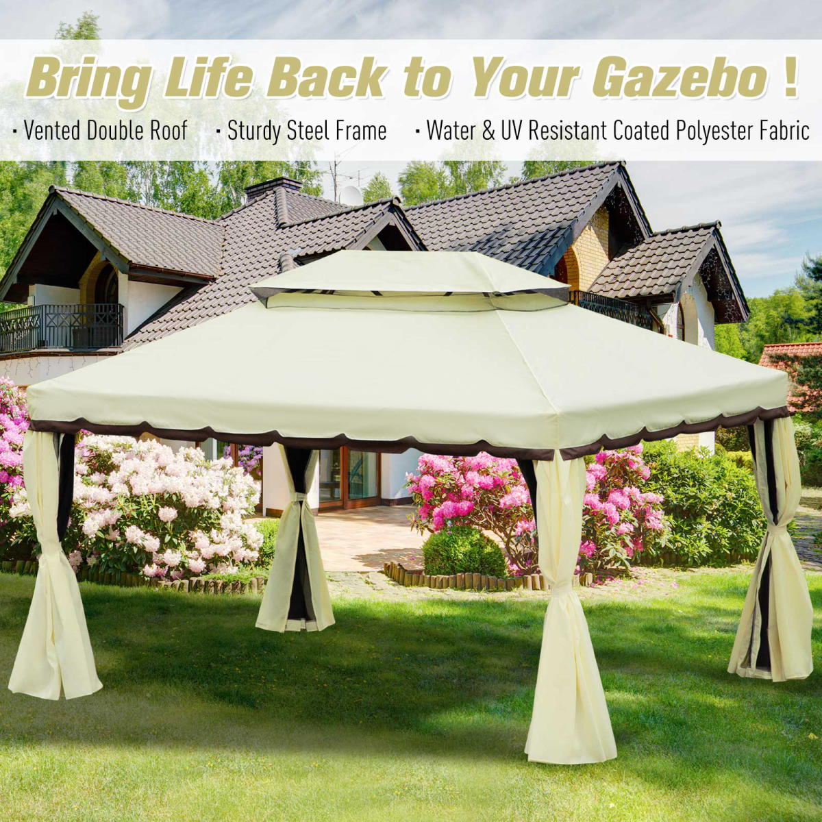 Outsunny 2.9 x 3.9m Vented Roof Aluminium Frame Garden Gazebo with Mesh Side Walls, Cream White