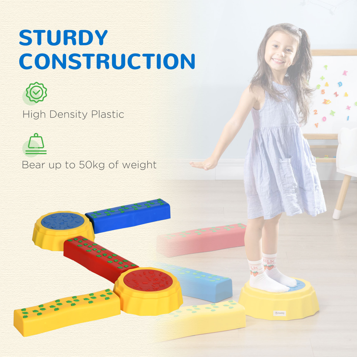 Outsunny 5-Piece Kids Stepping Stones and Balance Beam Set, Non-Slip Surface and Bottom