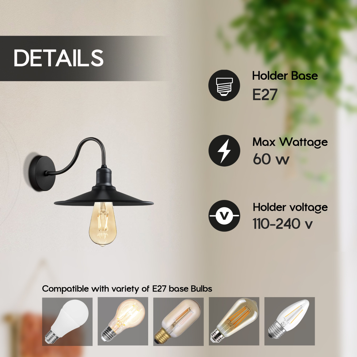 Black Vintage Retro Cone Shade Wall Sconce with E27 Holder