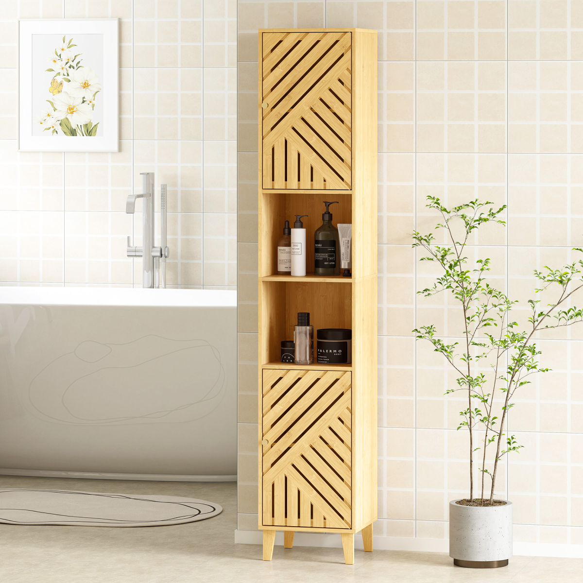 HOMCOM Tall Bathroom Storage Cabinet with Open Compartments, Adjustable Shelves
