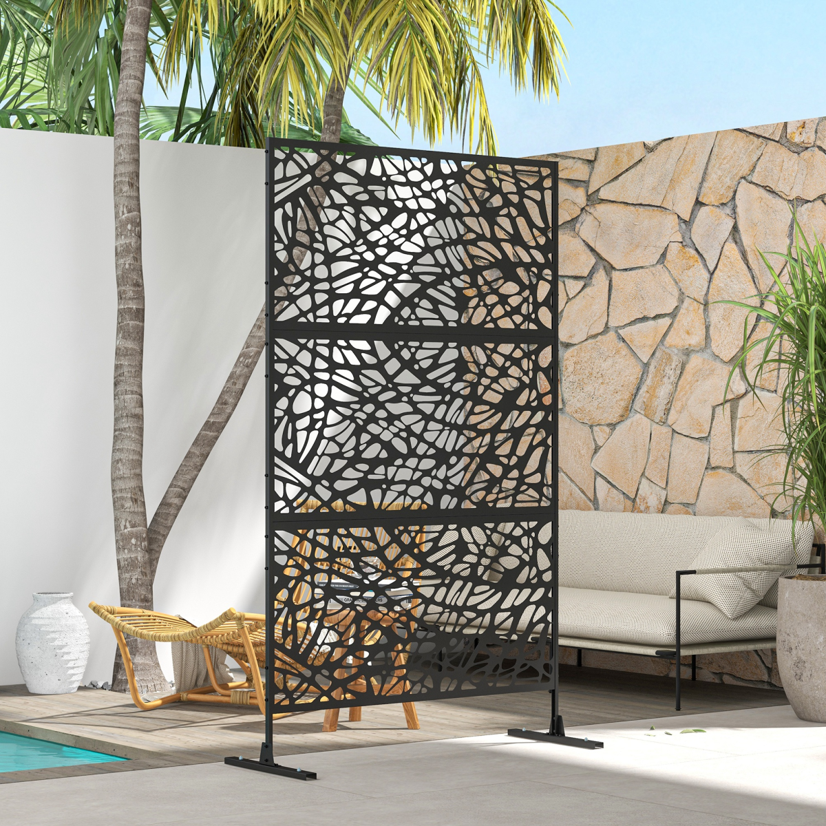 Outsunny 6.5FT Black Steel Outdoor Decorative Privacy Screen Panel with Stand, Twisted Line