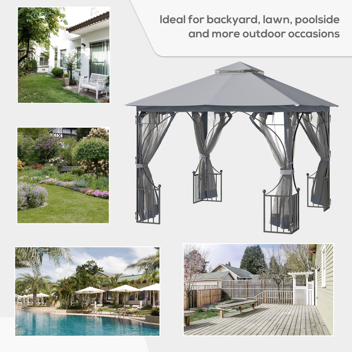 3x3m Outdoor Gazebo with Mesh Sidewalls, Light Grey