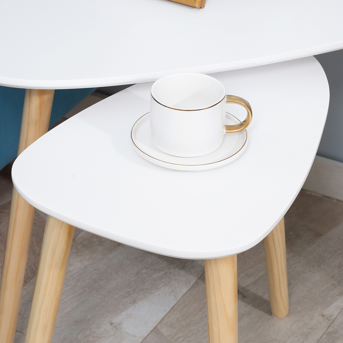 Set of 2 White Nesting Side Tables with Wooden Legs for Living Room