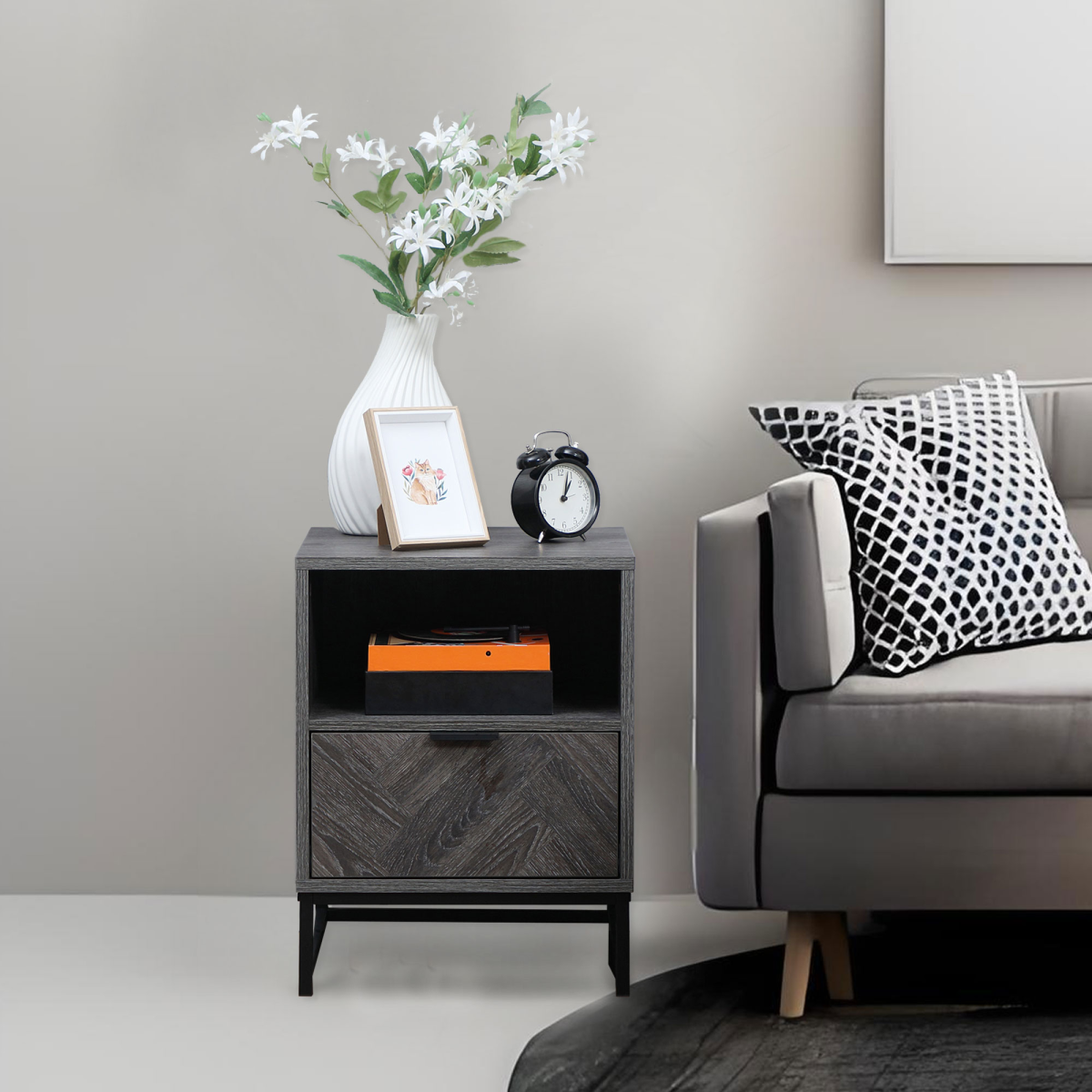 Nightstand with Drawer and Shelf, Bedside End Table