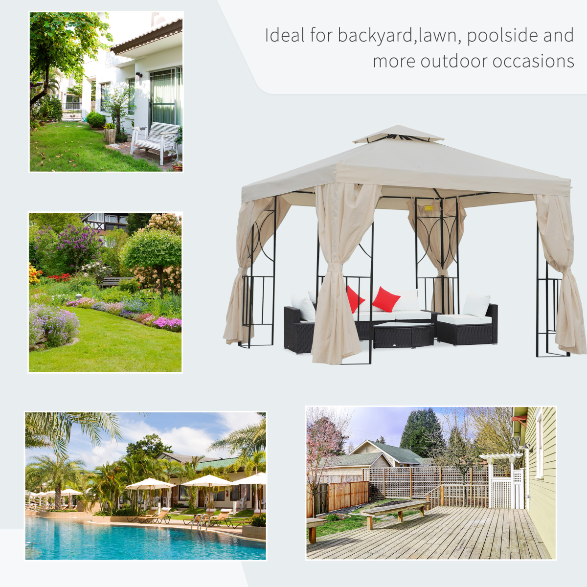 3 x 3m Metal Garden Gazebo with Side Walls, Double-Tier Roof