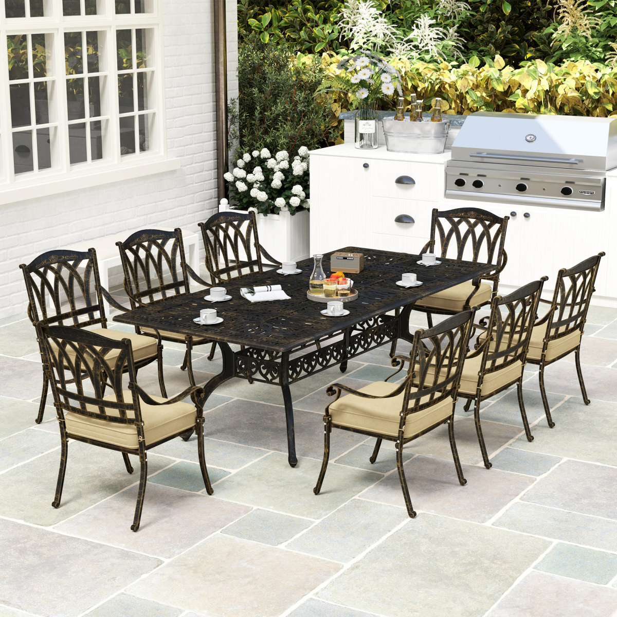 Outsunny 9-Piece Outdoor Dining Set with Cushions & Parasol Hole