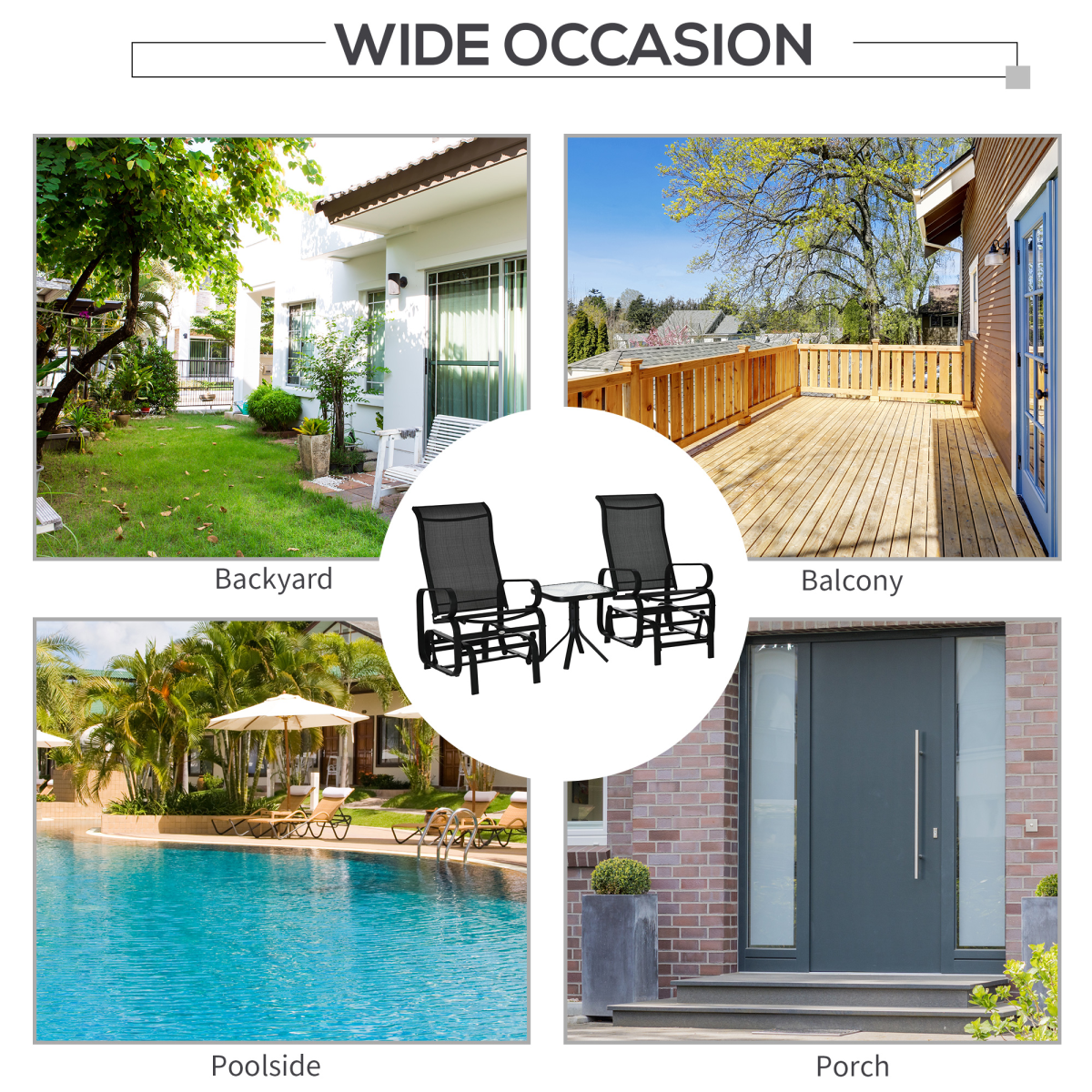Outsunny 3-Piece Gliding Rocking Chair Set with Tea Table, Weather-Resistant Texteline Seat and Back Panels, Tempered Glass Table Top