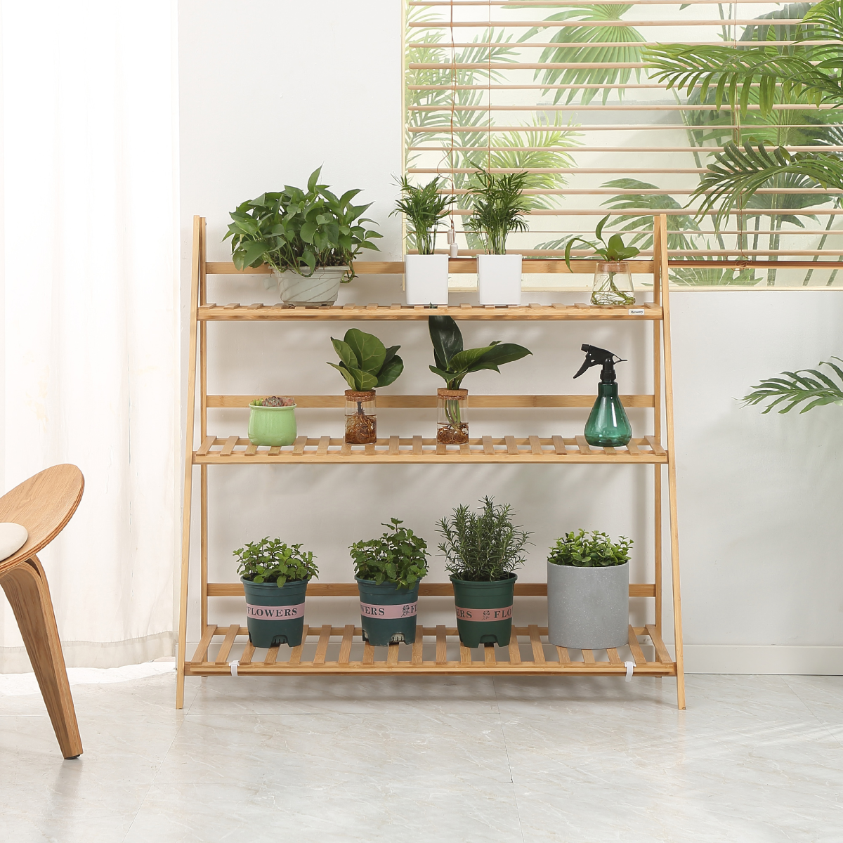 Outsunny Folding 3-Tier Bamboo Plant Stand Shelf for Indoor & Outdoor
