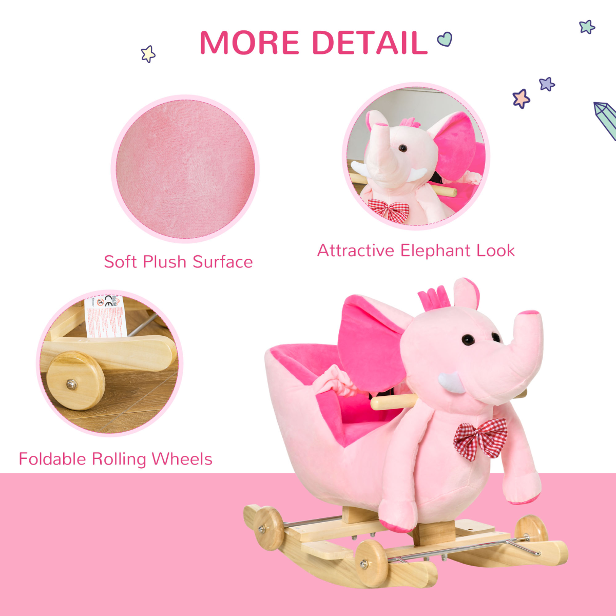 HOMCOM 2-in-1 Elephant Baby Rocking Horse Ride On with Music, Pink
