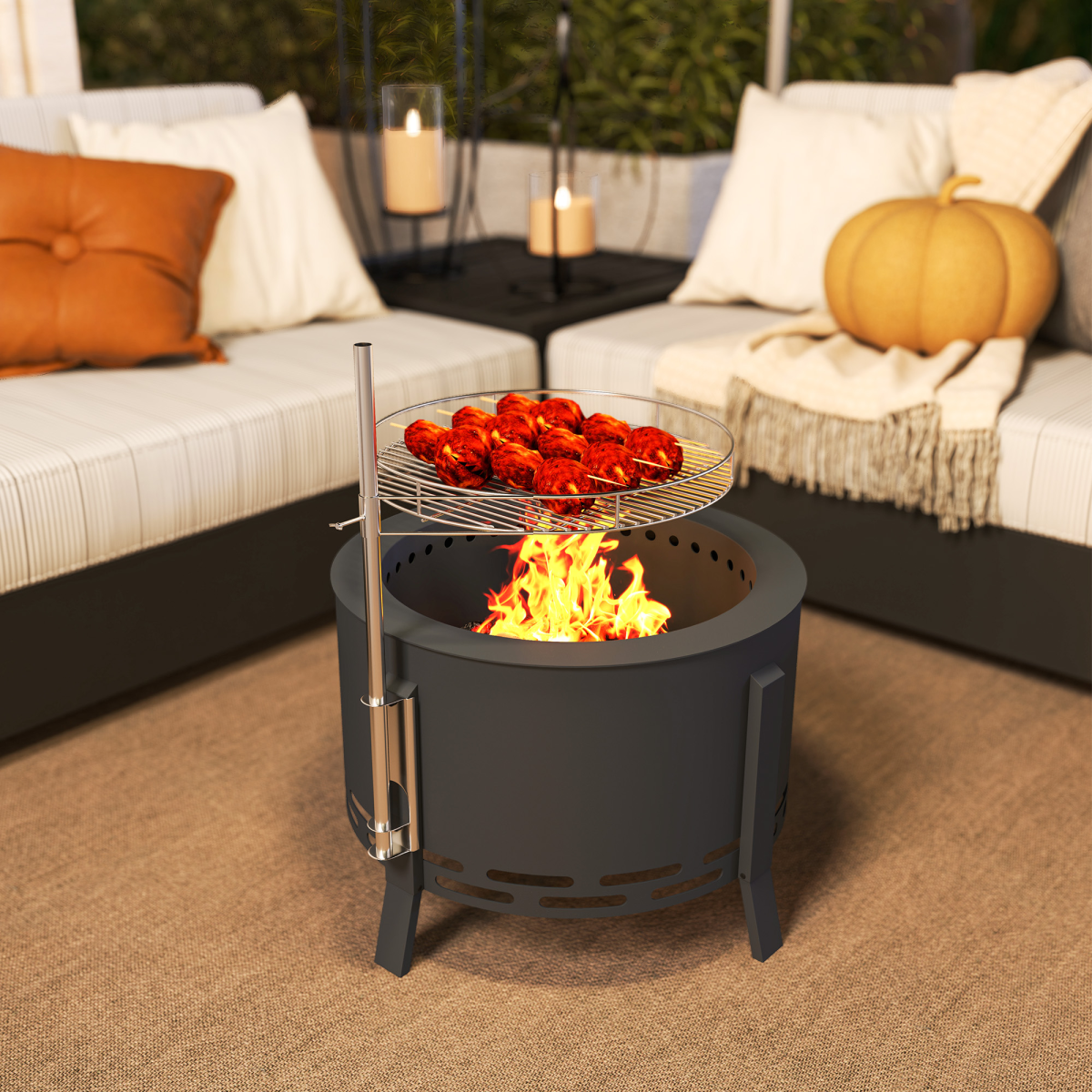Outsunny 58cm Portable Round Fire Pit with Grill Grate, Black