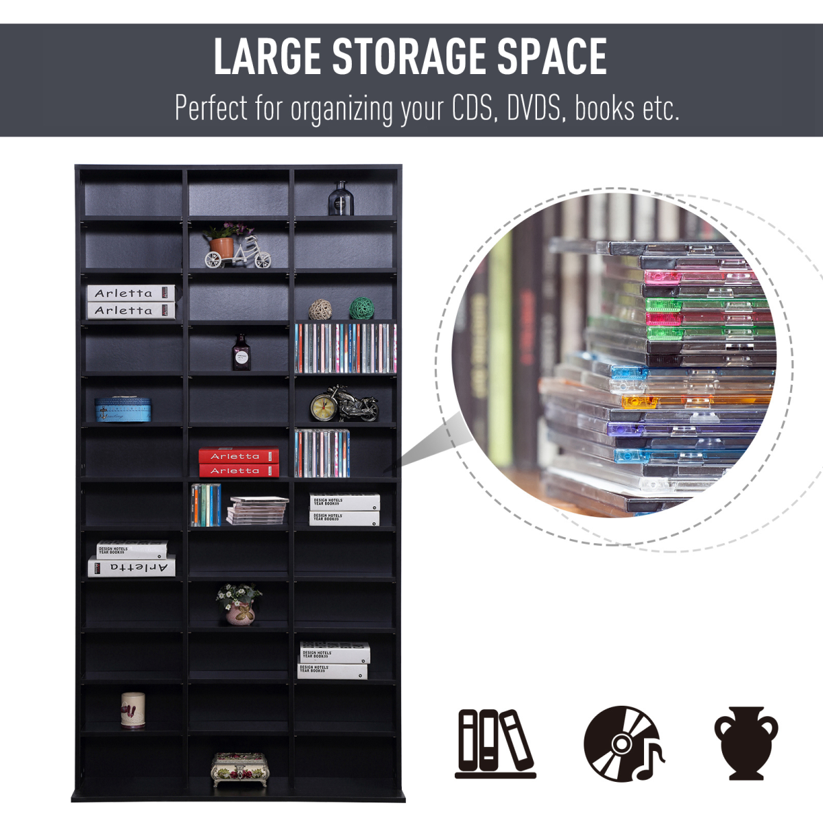 Black CD DVD Media Storage Bookcase, 33 Adjustable Compartments, Holds Up to 1116 CDs or 528 DVDs
