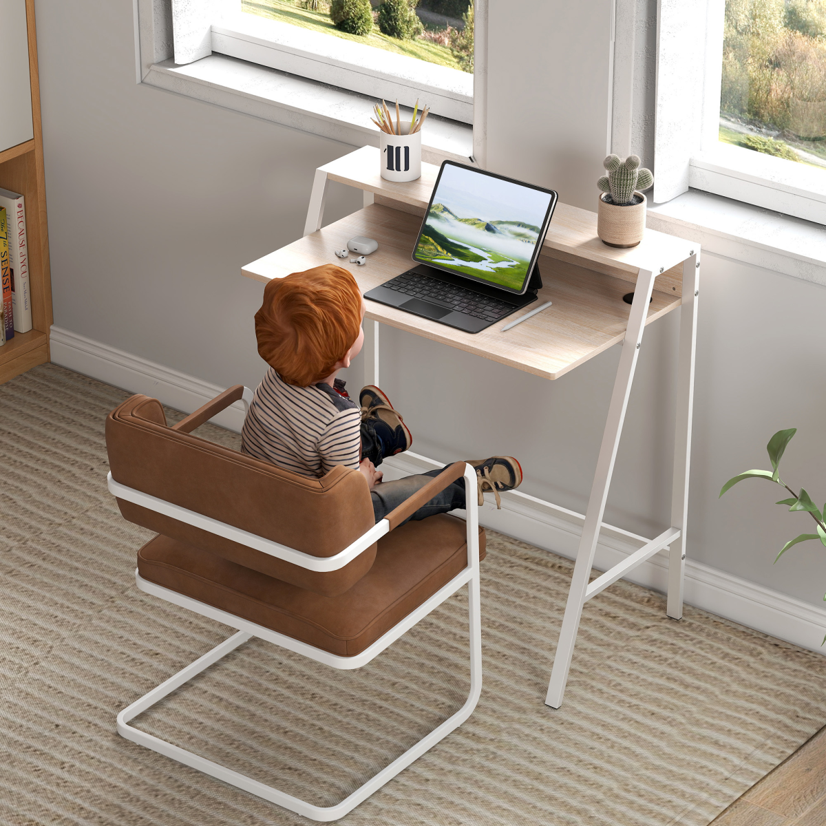 HOMCOM White and Oak Computer Workstation Storage Shelf, Two-Tier Tabletop, Steel Frame, 20kg Max Load