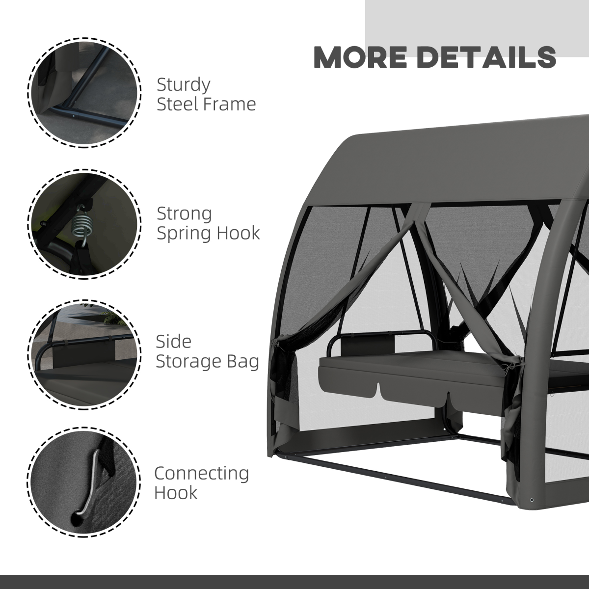 Outsunny 3-Seater Garden Swing Chair Bed with Canopy, Grey