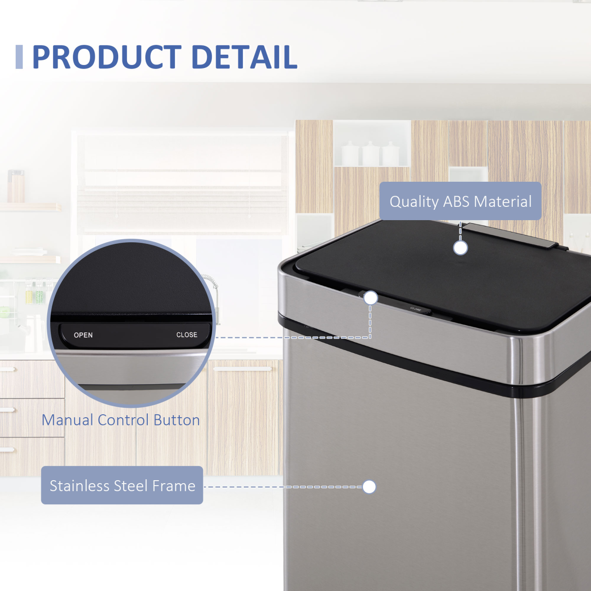 Motion Sensor Rubbish Bin 72L, 3 Compartments, Removable Lid, Stainless Steel Look Finish, HOMCOM