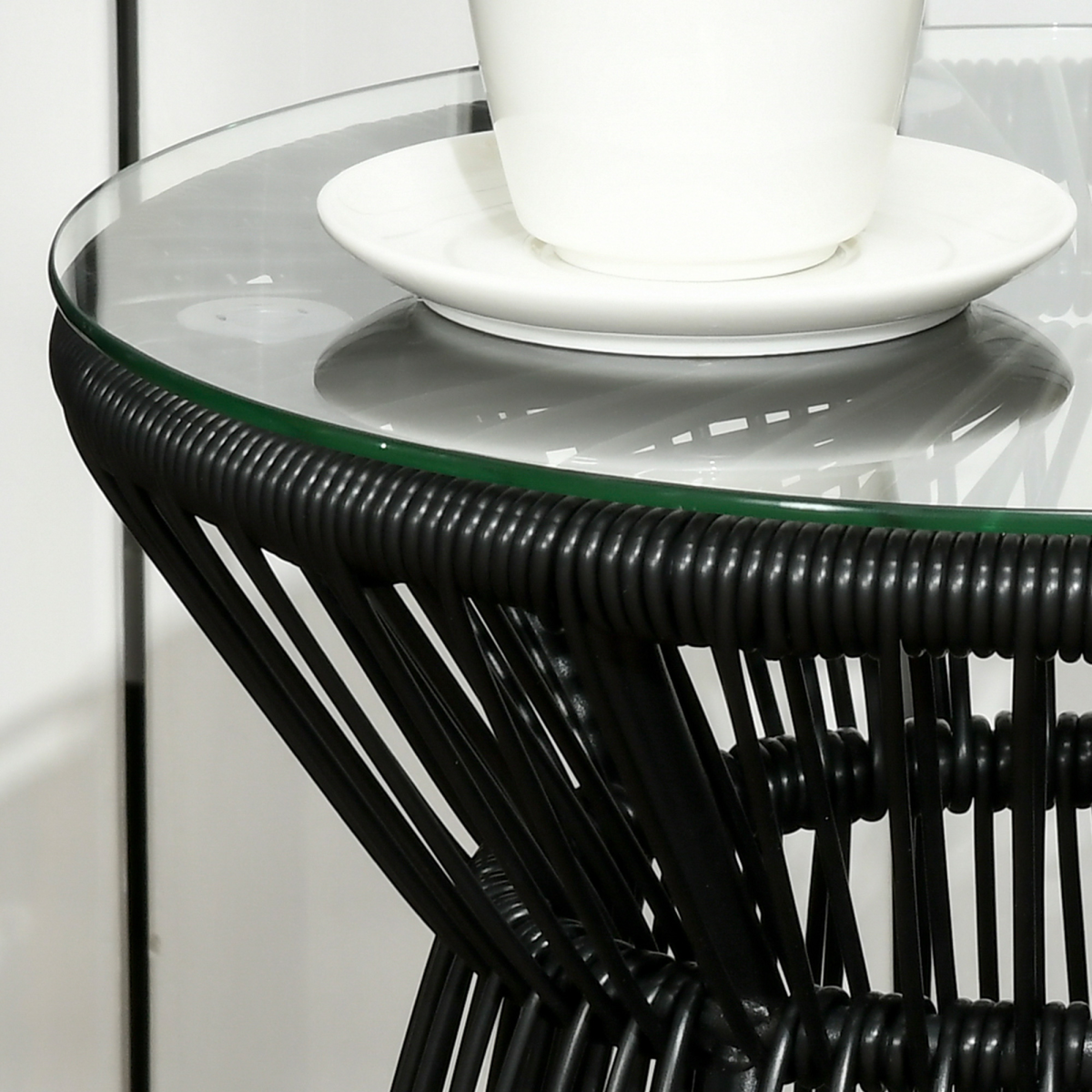 Outsunny Black PE Rattan Round End Table with Tempered Glass Top, Hollow Drum Design